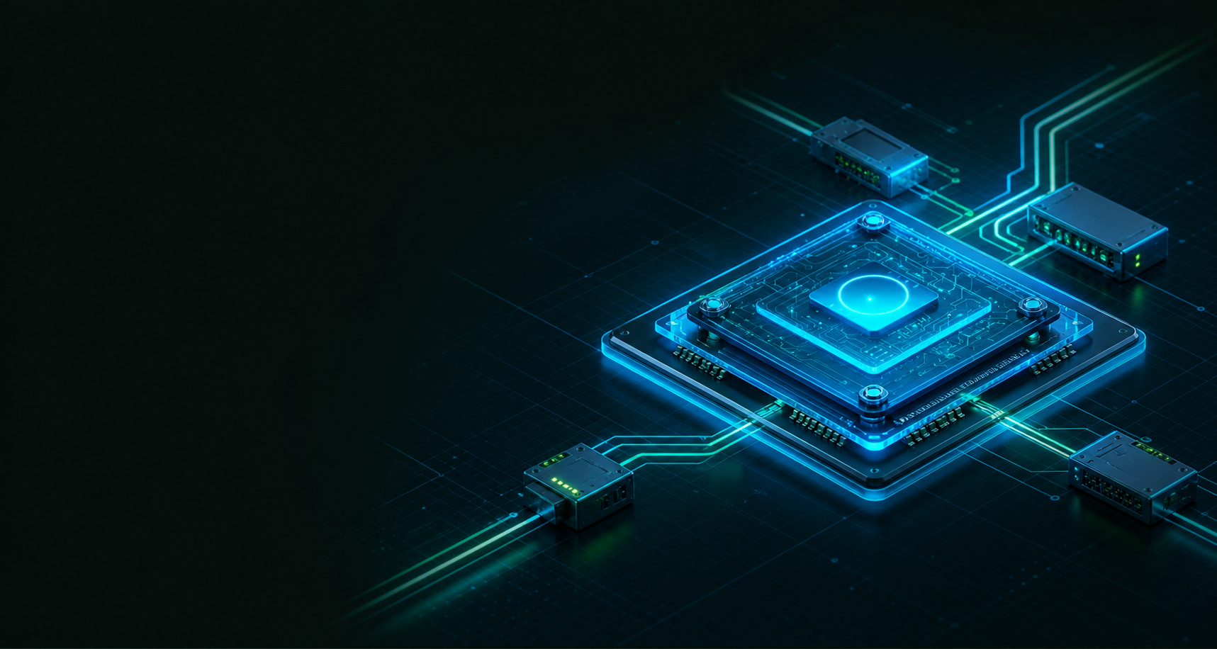 PLC, HMI ve endüstriyel Remote I/O bağlantılarını temsil eden 3D işlemci görseli